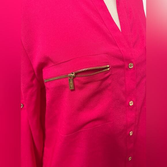 Calvin Klein Hot Pink Zip Front Blouse Women’s Medium Long Sleeve Roll Tab - Picture 4 of 6